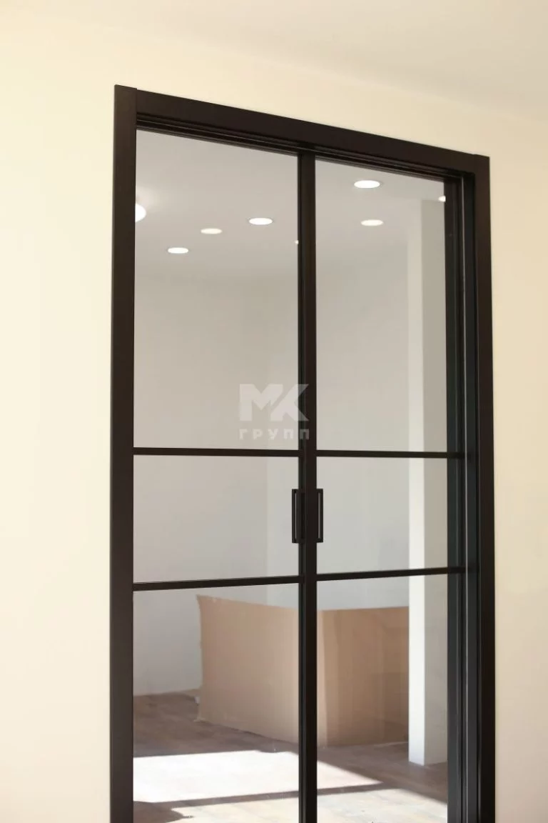 ProfilDoors Алюминиевая перегородка 44 мм модель №3. ProfilDoors Алюминиевая перегородка 44 мм модель №3, двустворчатая. Профиль черный, стекло тонированное.