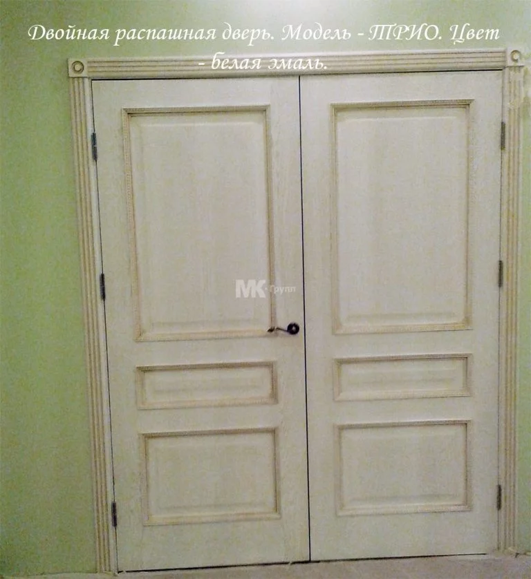 Двойная распашная дверь. Модель – ТРИО. Цвет – белая эмаль.